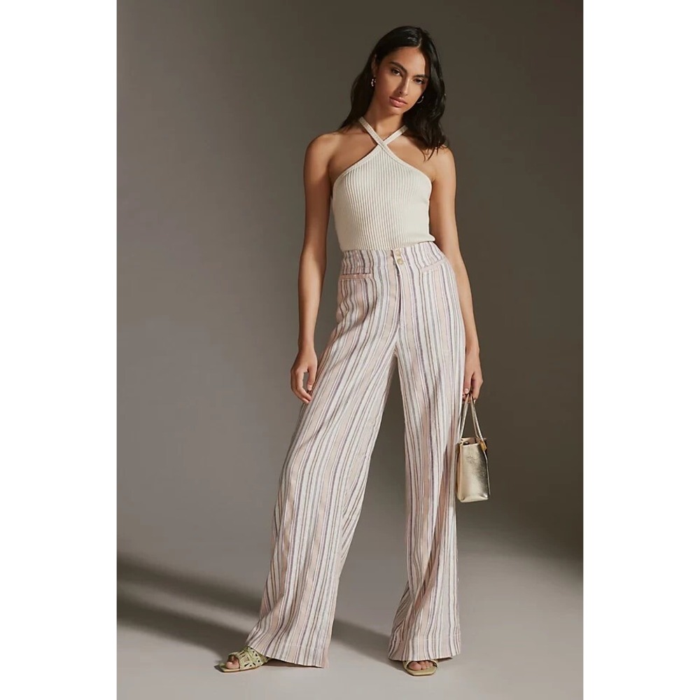Anthropologie Maeve linen blend striped high rise wide leg pants Size 2 boho‎